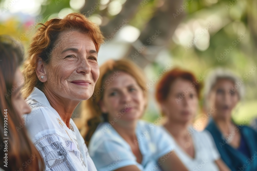 Obraz premium Group of individuals participating in a diabetes awareness workshop, discussing healthy lifestyle changes, outdoor setting, Portrait close-up, hyper-realistic, high detail, photorealistic