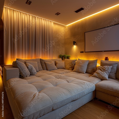 Cozy Corner Sofa in Home Theater Entertainment Room with Dim Lighting on White Background, Copy Space Available