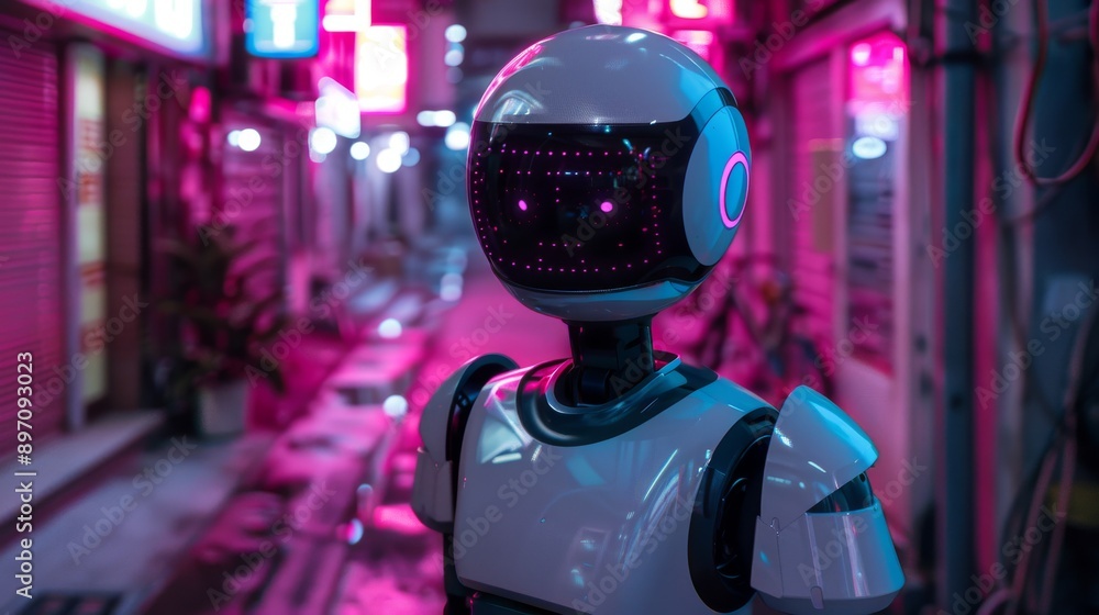Advanced robot security guard in a neon-lit alley Advanced robot security guard in a neon-lit alley