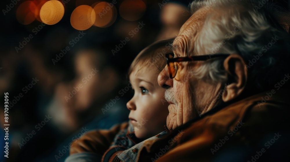 This photograph captures an elderly person deep in thought while seated in an audience, surrounded by blurry figures and dim, warm lighting, conveying solitude. This photograph captures an elderly person deep in thought while seated in an audience, surrounded by blurry figures and dim, warm lighting, conveying solitude.
