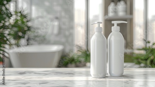 Two White Pump Bottles on a Marble Countertop in a Bathroom Setting