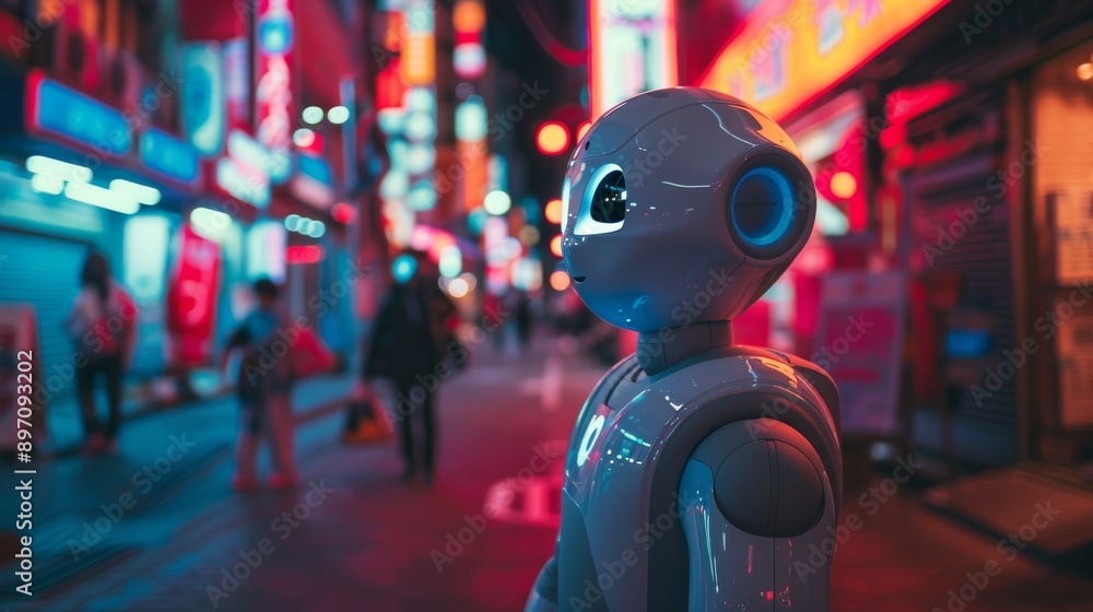Advanced robot security guard in a neon-lit alley Advanced robot security guard in a neon-lit alley