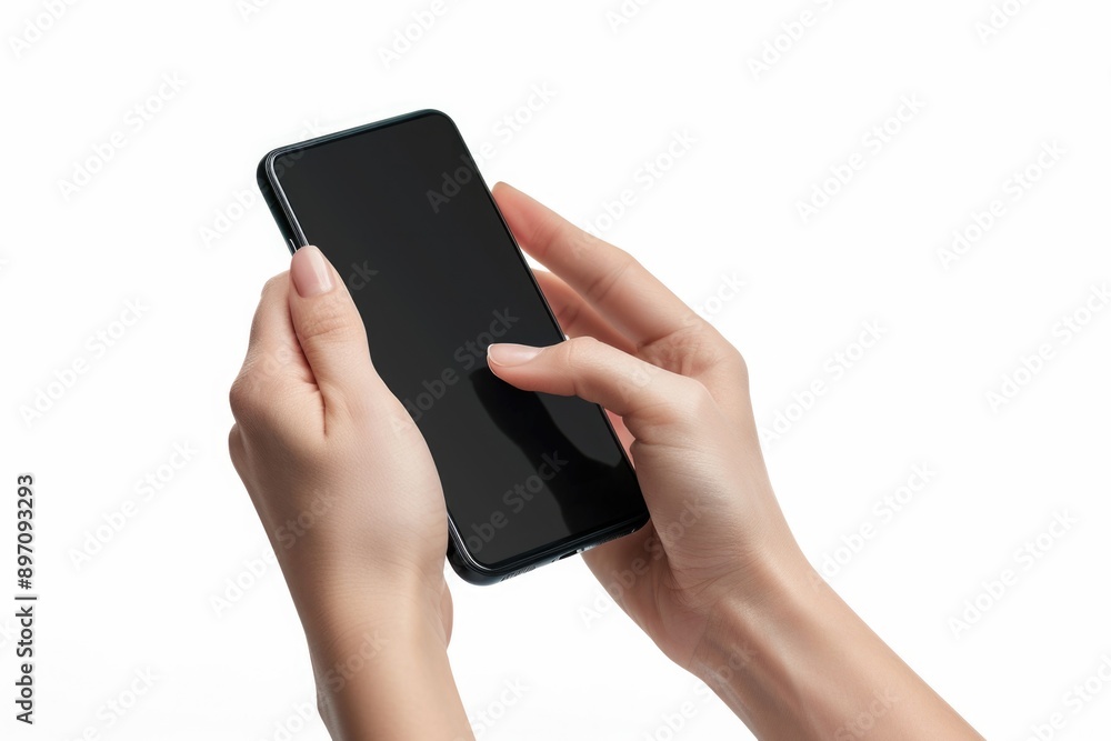 Phone Hands. Female Hand Holding Modern Black Phone in Vertical Position on White Background Phone Hands. Female Hand Holding Modern Black Phone in Vertical Position on White Background