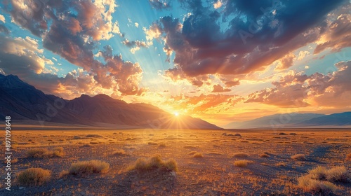 Golden Sunset Over Mountainous Desert Landscape