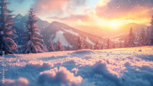 Close-up of Snow-Covered Ground with a Blurry Mountain Sunset Background