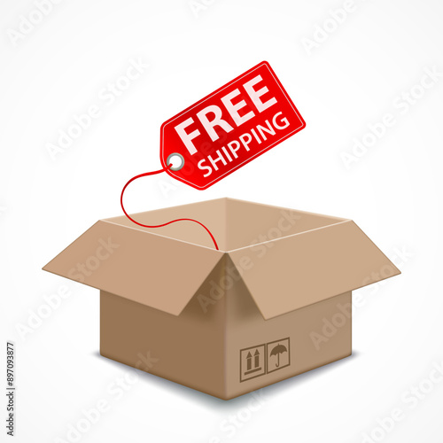 Open cardboard box with free shipping label. Isolated on a white background. Stock vector illustration