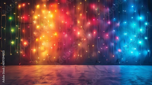 Colorful String Lights Hanging Against a Textured Wall with a Floor in the Foreground