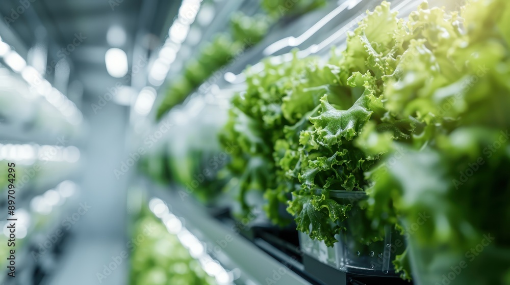 A modern indoor vertical farming setup showcasing lush green lettuce plants growing in containers, highlighting the innovative agricultural technology of hydroponics. A modern indoor vertical farming setup showcasing lush green lettuce plants growing in containers, highlighting the innovative agricultural technology of hydroponics.