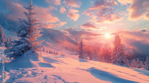 Snow-Covered Fir Trees on a Mountaintop at Sunset