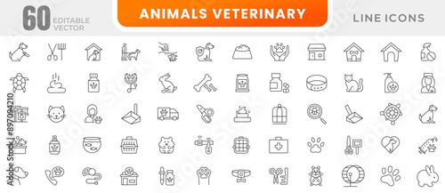 Veterinary, pet, vet, pet shop, dog care, training, cat, food line icons set collection. Outline icon collection. Pets line icons. Lovely animals icon pack. Animal editable stroke icon set.