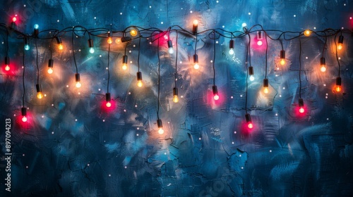 String of Festive Lights on Blue Textured Wall