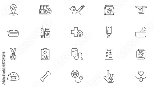 Veterinary, pet, vet, pet shop, dog care, training, cat, food line icons set collection. Outline icon collection. Pets line icons. Lovely animals icon pack. Animal editable stroke icon set.