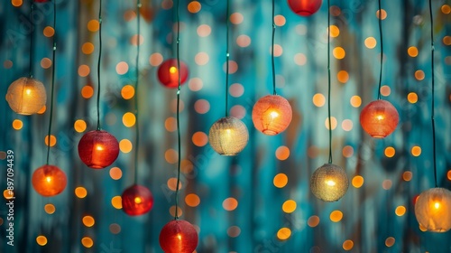 String of  Red and Yellow Hanging Globe Lights on a Turquoise Background