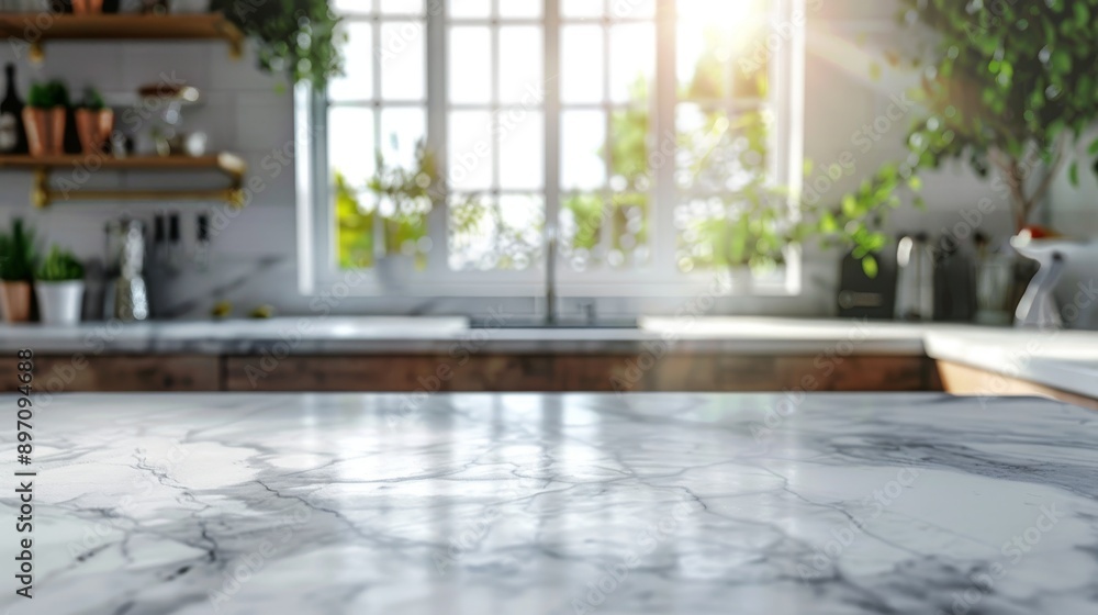 Fototapeta premium White Marble Countertop with Blurred Kitchen Background