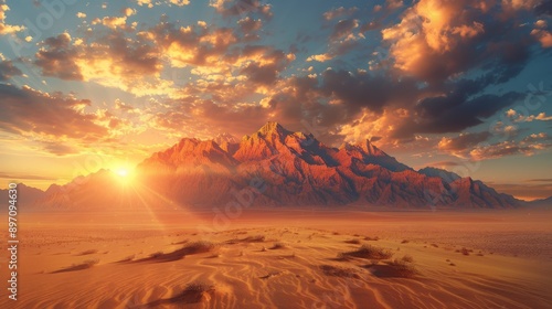 Sunset over a desert mountain range with a golden sky and sand dunes.