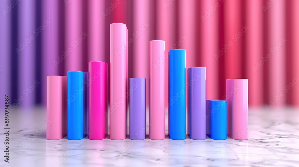 Colorful cylindrical objects of various heights arranged in a pattern on a marble surface with a blurred multi-colored background. Colorful cylindrical objects of various heights arranged in a pattern on a marble surface with a blurred multi-colored background.