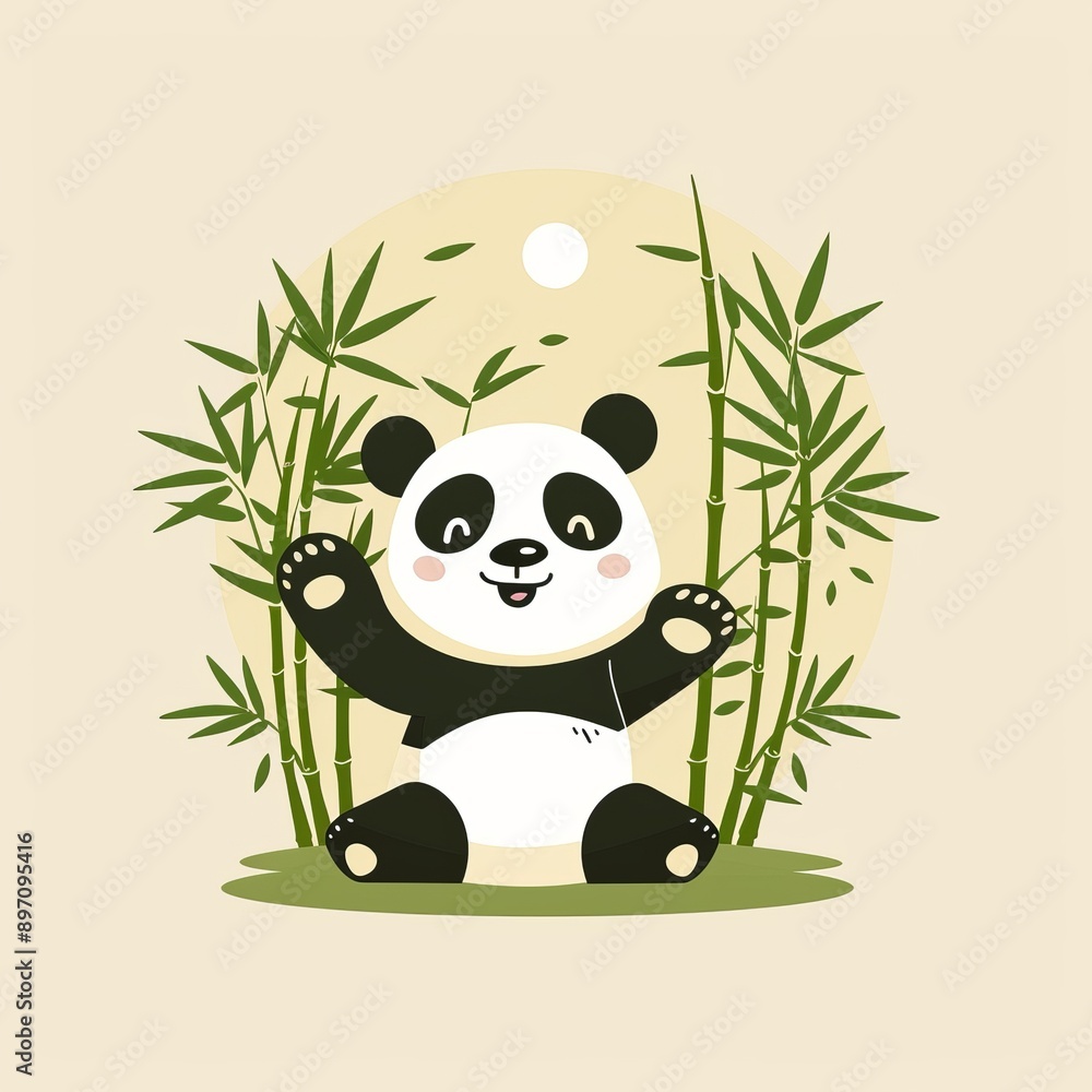Panda's Bamboo Paradise: An adorable cartoon panda smiles brightly, embraced by lush green bamboo in its natural habitat, evoking joy and tranquility. Panda's Bamboo Paradise: An adorable cartoon panda smiles brightly, embraced by lush green bamboo in its natural habitat, evoking joy and tranquility.