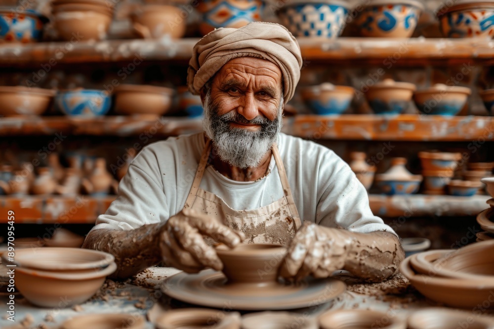 A seasoned artisan with a kind smile crafts pottery on a wheel, surrounded by shelves filled with finished ceramic pots, depicting the art of pottery making in a rustic studio. A seasoned artisan with a kind smile crafts pottery on a wheel, surrounded by shelves filled with finished ceramic pots, depicting the art of pottery making in a rustic studio.