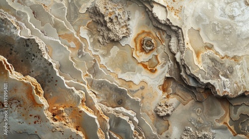 An upclose view of fossilized rock layers displaying intricate, detailed patterns