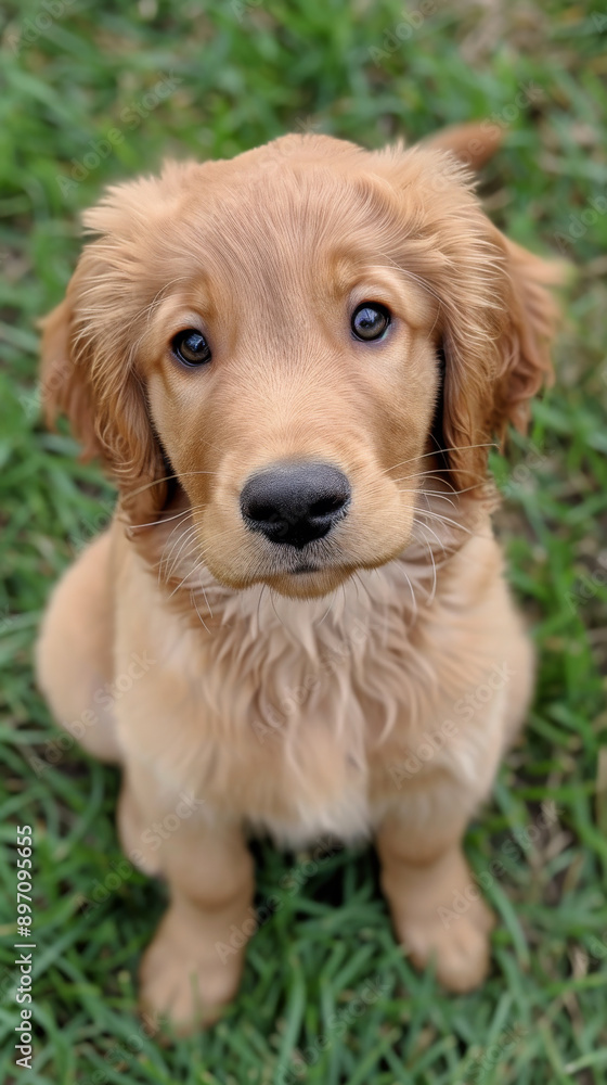 Golden retriever puppy sitting on grass, close-up. Adorable pets and outdoor concept Golden retriever puppy sitting on grass, close-up. Adorable pets and outdoor concept