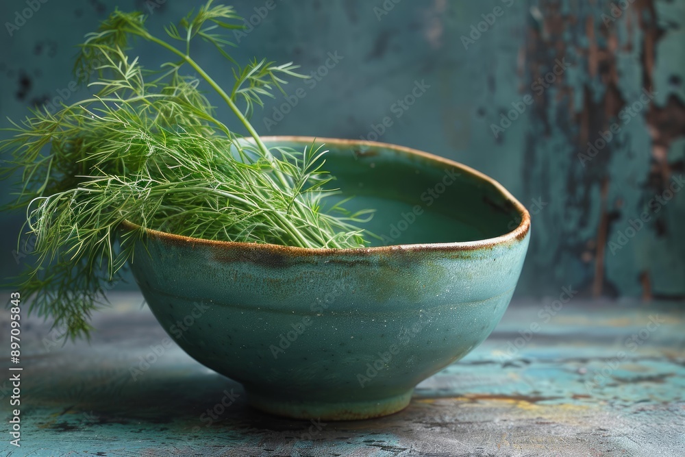 Fresh dill overflowing from a rustic bowl, creating a vibrant and aromatic culinary scene Fresh dill overflowing from a rustic bowl, creating a vibrant and aromatic culinary scene