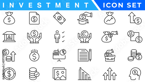 Investment icon set. Containing investor, mutual fund, asset, risk management, economy, financial gain, interest and stock icons. Solid icon collection.