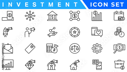 Investment icon set. Containing investor, mutual fund, asset, risk management, economy, financial gain, interest and stock icons. Solid icon collection.