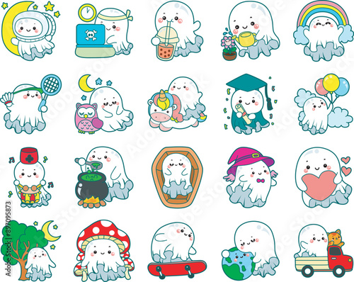 Illustration of cute white ghost icon.
Funny white ghost in activities stickers.
Many white ghost elements.