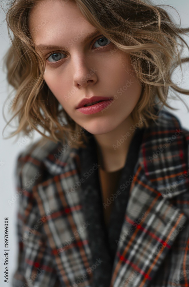 Fashion portrait of a young beautiful woman with blond hair and blue eyes wearing plaid coat. Natural beauty of a girl without makeup. Fashion portrait of a young beautiful woman with blond hair and blue eyes wearing plaid coat. Natural beauty of a girl without makeup.