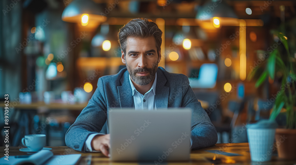 A man in a suit is sitting at a desk with a laptop in front of him. He is focused on his work, possibly typing or browsing the internet. The scene suggests a professional setting A man in a suit is sitting at a desk with a laptop in front of him. He is focused on his work, possibly typing or browsing the internet. The scene suggests a professional setting