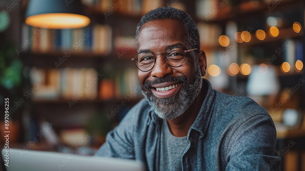 A man with glasses is smiling and sitting in front of a laptop. He is wearing a gray shirt and he is happy A man with glasses is smiling and sitting in front of a laptop. He is wearing a gray shirt and he is happy