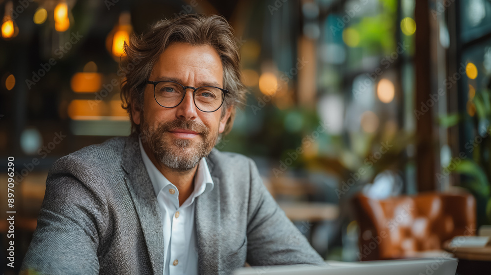 A man wearing a gray jacket and glasses is sitting at a table with a laptop A man wearing a gray jacket and glasses is sitting at a table with a laptop