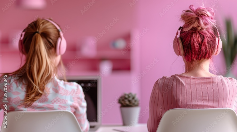 Two women, viewed from the back, are wearing headphones and sitting in front of a laptop in a pastel-pink setting, suggesting a shared creative or learning experience. Two women, viewed from the back, are wearing headphones and sitting in front of a laptop in a pastel-pink setting, suggesting a shared creative or learning experience.
