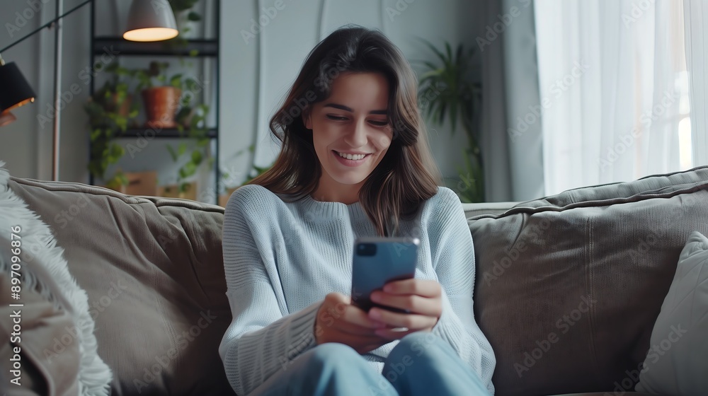 Woman smiling while using her phone on the couch Woman smiling while using her phone on the couch