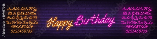 Happy Birthday Neon Sign on brick wall background. Template for text with pink and yellow neon alphabet.