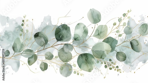 elegant watercolor bouquet of eucalyptus leaves and branches accented with delicate golden lines soft greens and muted earth tones create a harmonious botanical composition on white