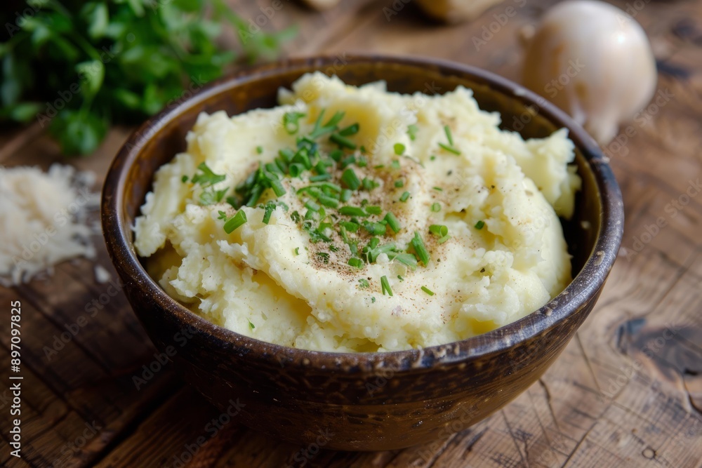 Bowl of mashed potatoes garnished with chives sitting on rustic wooden table Bowl of mashed potatoes garnished with chives sitting on rustic wooden table
