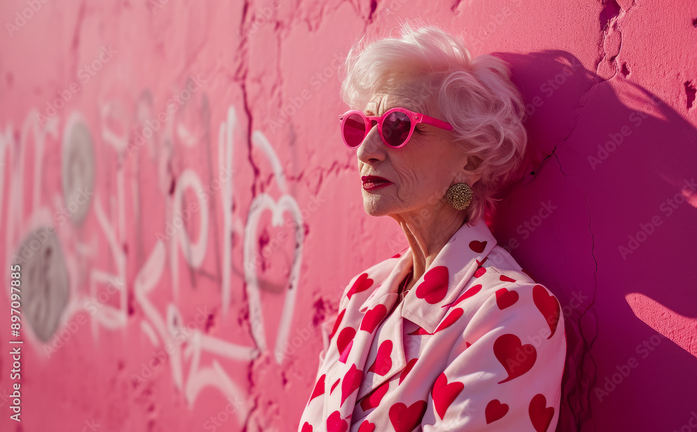 Senior woman wearing pink sunglasses and a heart-patterned jacket is posing in front of a pink wall