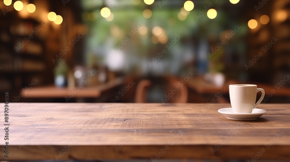 Blurred coffee shop and restaurant interior background with empty wooden table. Use for products display or montage. Blurred coffee shop and restaurant interior background with empty wooden table. Use for products display or montage.