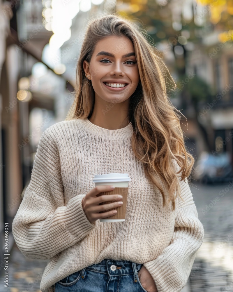 Cheerful woman in the street drinking morning coffee in sunshine light Cheerful woman in the street drinking morning coffee in sunshine light