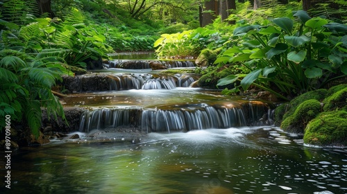 The serenity of a tranquil waterfall cascading gracefully through vibrant lush greenery