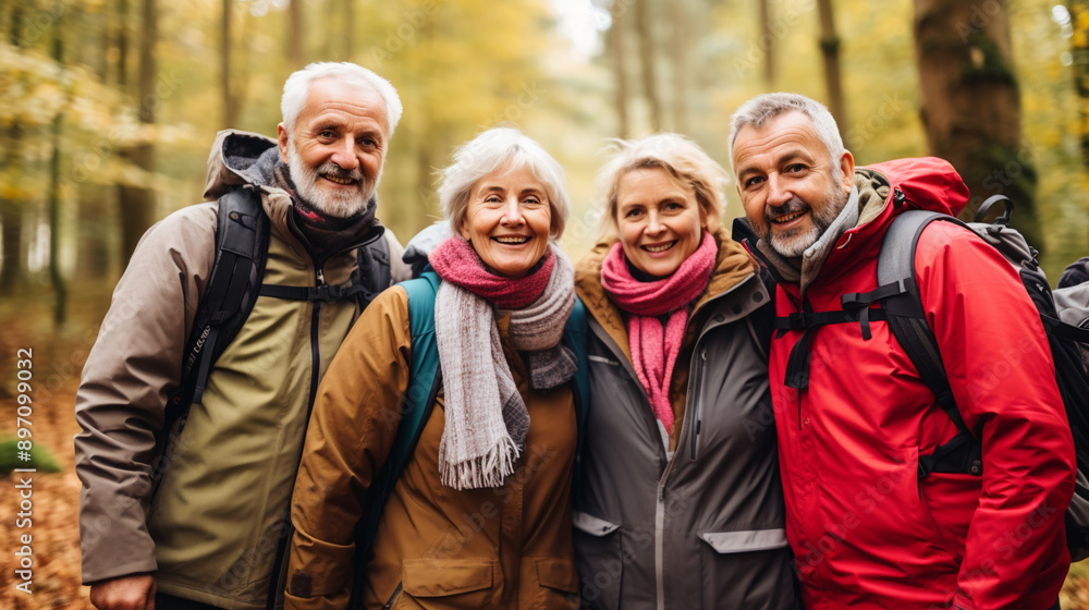 senior people group hiking in the forest in autumn, portrait looking at camera, photography. senior people group hiking in the forest in autumn, portrait looking at camera, photography.