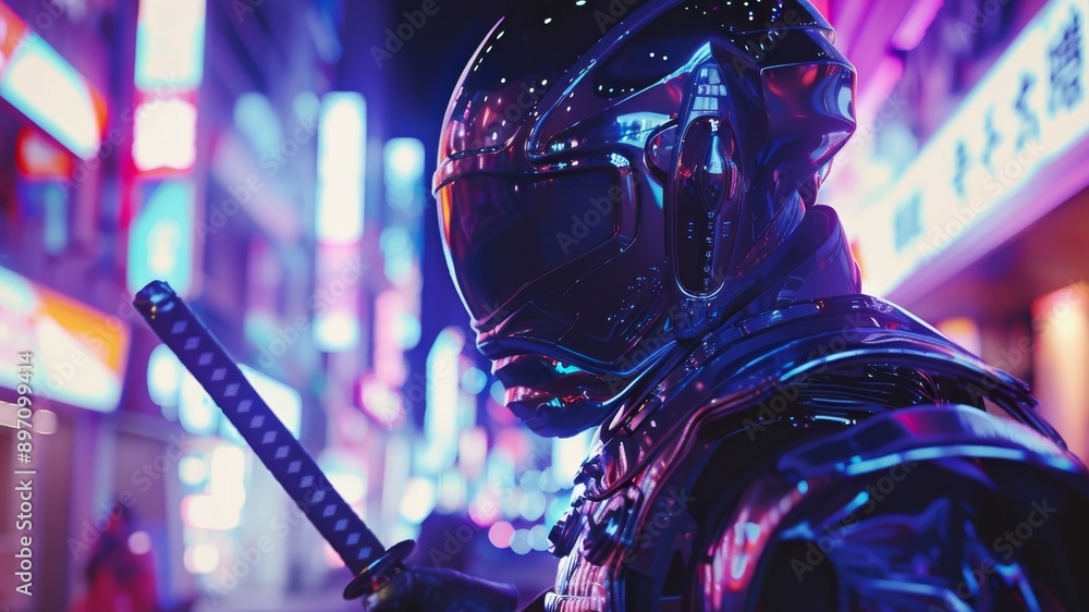 Futuristic street samurai in a neon-lit plaza Futuristic street samurai in a neon-lit plaza