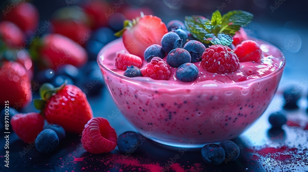 A vibrant smoothie bowl with fresh toppings neon high contrast futuristic setting A vibrant smoothie bowl with fresh toppings neon high contrast futuristic setting