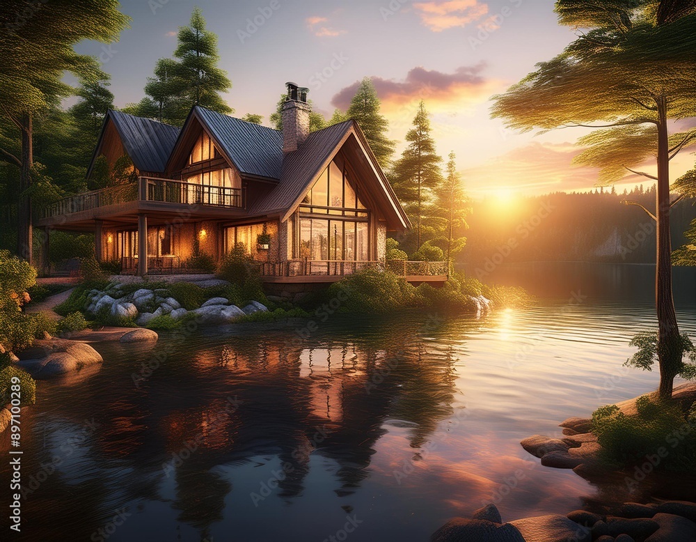 Fototapeta premium Luxurious wooden cottage by the lake with a beautiful view of the sunset