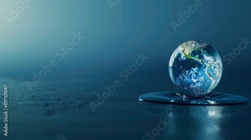 Earth in water droplets on a gradient background symbolizing day and night. The wet surface of the table with scattered droplets emphasizes the water theme. © COK House