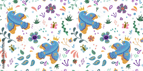 Bird with folk flowers seamless pattern. Vintage ornament print.