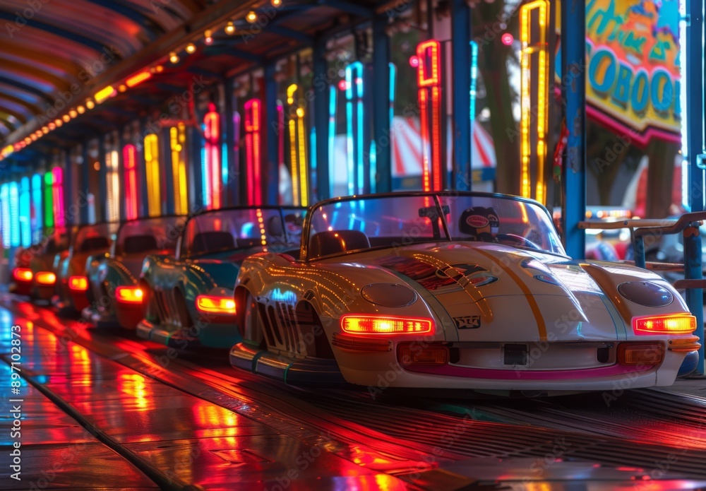 A classic bumper car arena with bright, retro inspired designs A classic bumper car arena with bright, retro inspired designs