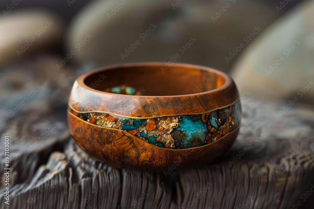 Handcrafted wooden bowl with turquoise and gold inlay is sitting on a rustic wood surface Handcrafted wooden bowl with turquoise and gold inlay is sitting on a rustic wood surface