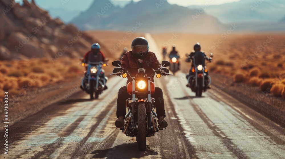 Five motorcyclists ride through a desert, dressed in protective gear. The lead wears a black t-shirt, the second a red jacket. The bikes vary in color on an adventure-filled journey. Five motorcyclists ride through a desert, dressed in protective gear. The lead wears a black t-shirt, the second a red jacket. The bikes vary in color on an adventure-filled journey.